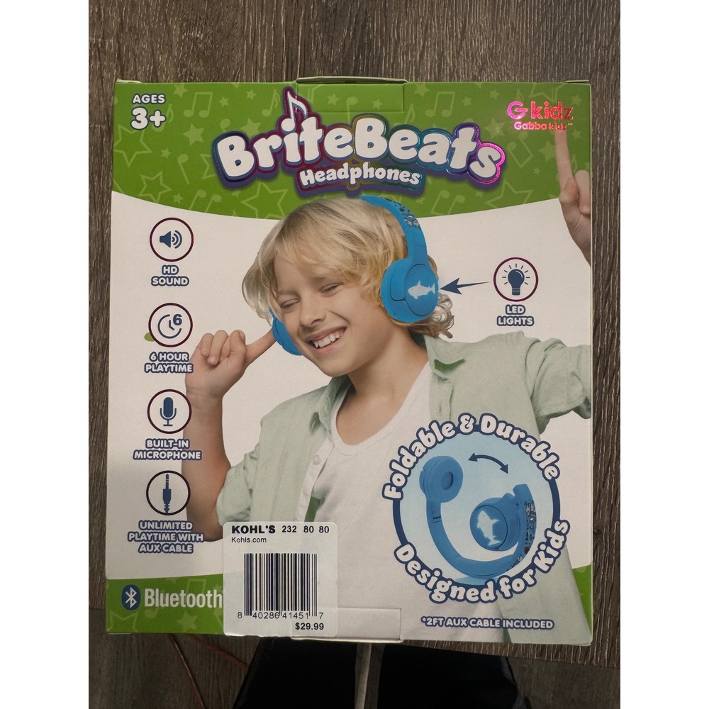 Gkidz BriteBeats Shark Bluetooth Headphones Blue LED Kids GK-LUHP-SHK NEW